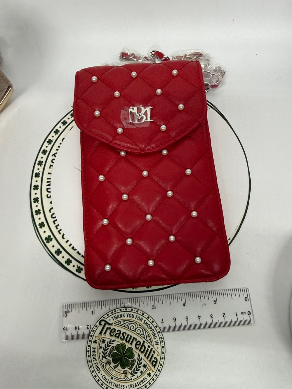 Badgley Mischka Red Quilted Pearl-Embellished Crossbody Pouch phone case